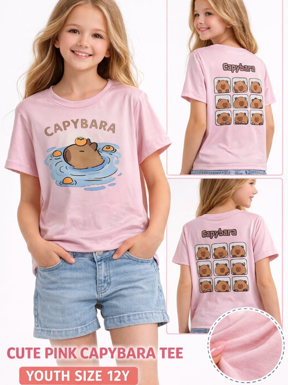 Girls Capybara Graphic T Shirt Pink Cute Kawaii Tee Size 12Y Soft Stretch Top - Picture 1 of 6